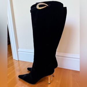 ST JOHN $895 Knee High Boots Heels 6 Black Velvet